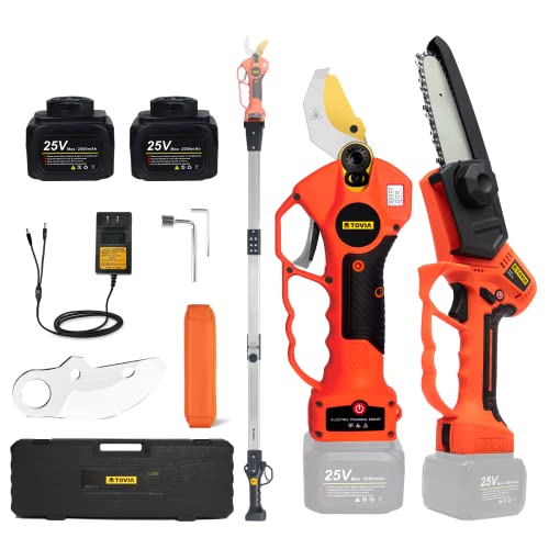 Cordless Electric Pruner Kit, 1.6 Inch Pruning Shears, 5 Inch Handheld Electric Chain Saw with 75 Inch Foldable Extension Pole, 2 Pack 25V Lithium Batteries, SK5 Blades B14523