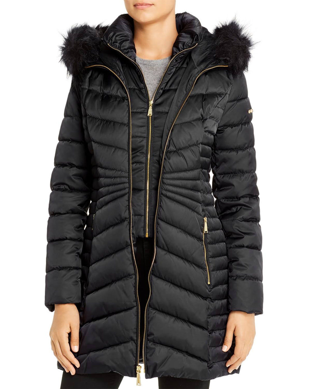 Black Faux-Fur-Trim Hooded Puffer Coat V73261