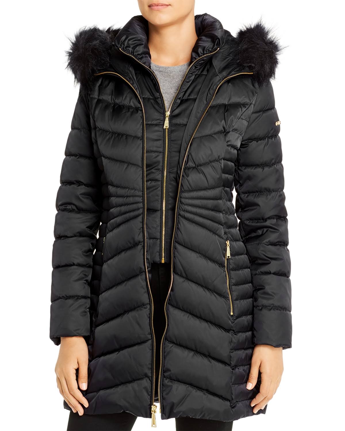Black Faux-Fur-Trim Hooded Puffer Coat V73261
