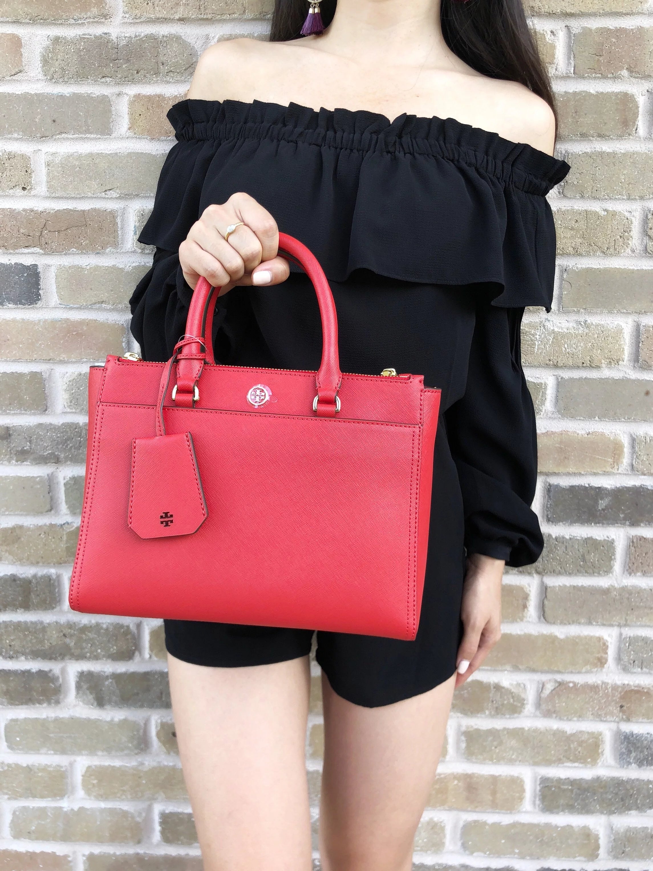 Small Double Zip Tote Satchel Crossbody Bag Poppy Orange Red K96922