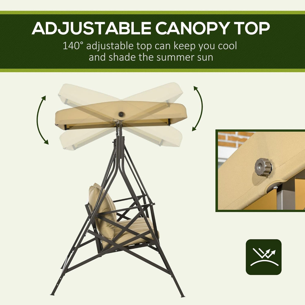 Khaki 3-Seat Patio Swing Chair with Cushion, 3 Throw Pillows & Adjustable Canopy G4993