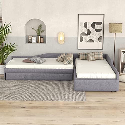 Gray Upholstered Double Twin Size Daybed with Trundle and Drawer A6559