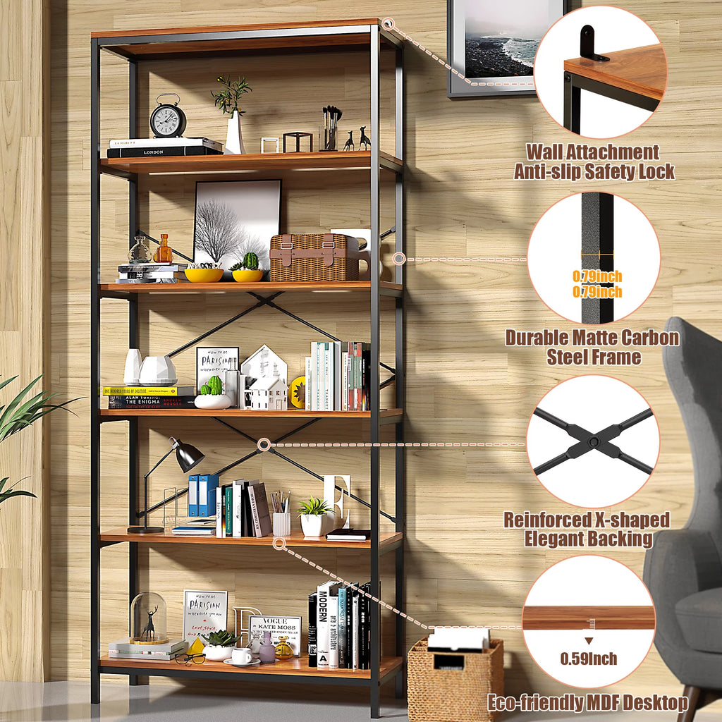 5 Shelf Rustic Wood and Metal Bookcase Y881
