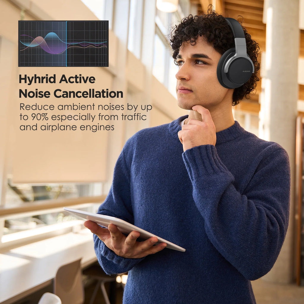 Black Active Noise Cancelling Wireless Over Ear Headphones with Mic E938