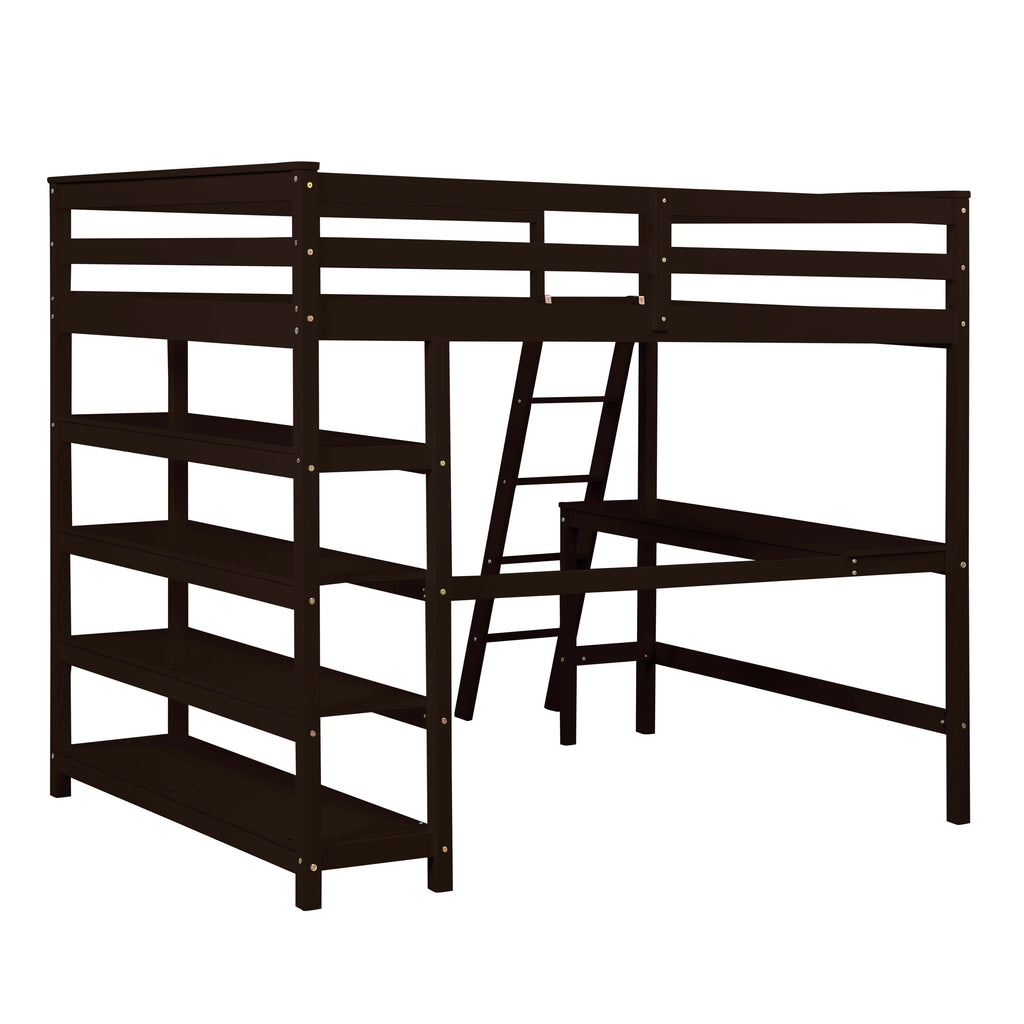 Full Size Wooden Loft Bed with Desk and Storage Shelves H747