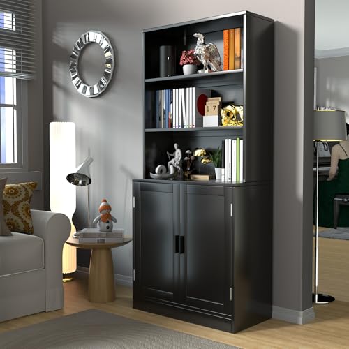 Black 5 Tier Tall Bookcase with Doors B4376
