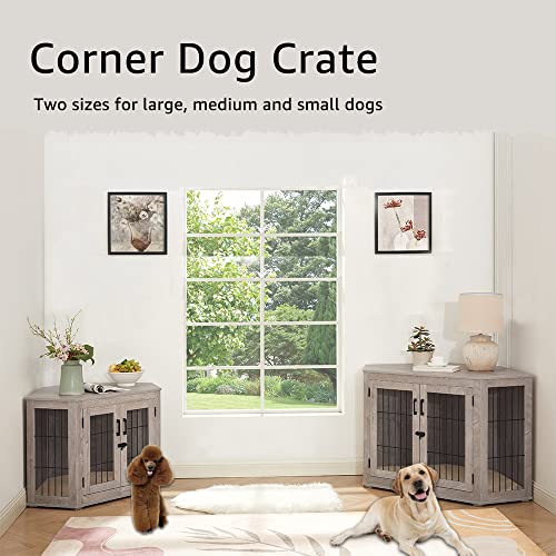 Large Weathered Gray Wooden Dog Crate Corner with Cushion V63829