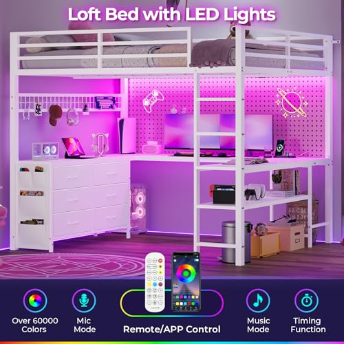 Full Size Loft Bed with U-Shaped Desk, 6 Storage Drawers, LED, Rustic Brown V8268