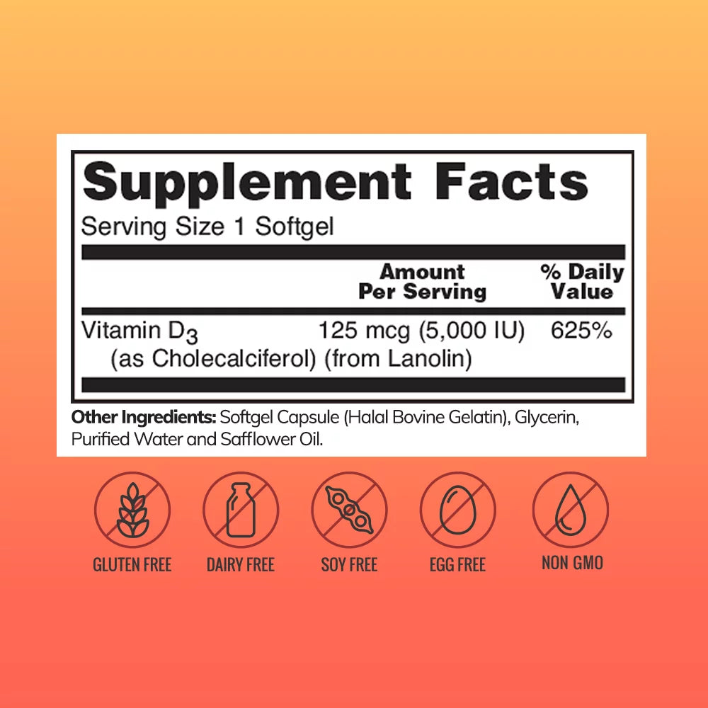 Halal Vitamin D3 5000 IU, 180 Softgels G17390