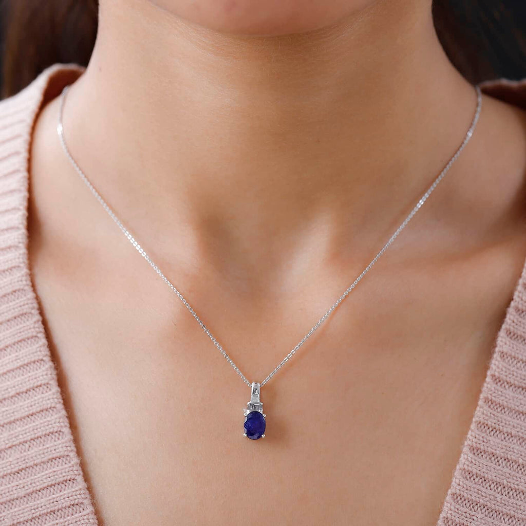 925 Sterling Silver Diamond Platinum Plated Sapphire Pendant Necklace Ct 1.6 B9636
