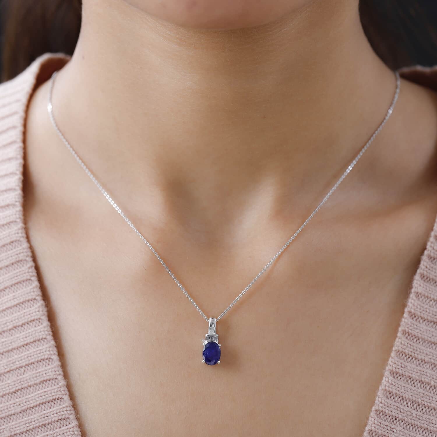 925 Sterling Silver Diamond Platinum Plated Sapphire Pendant Necklace Ct 1.6 B9636