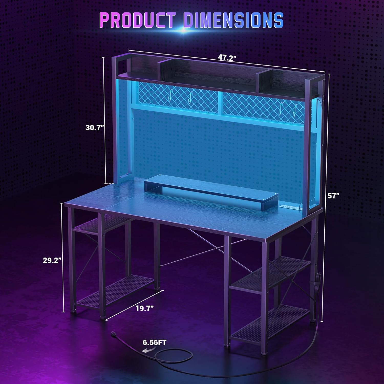 Black 47 Inch Gaming Desk with Hutch and LED Lights N821