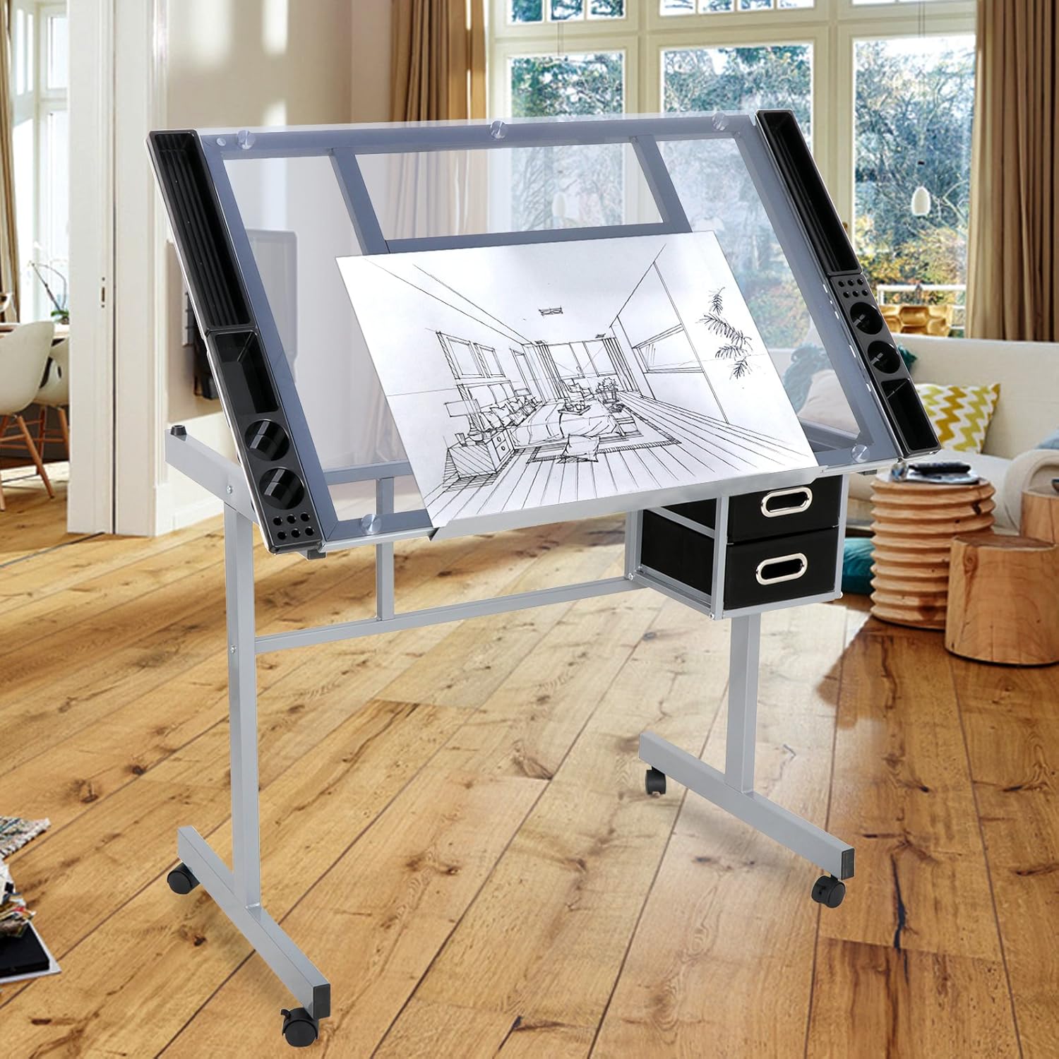 Height Adjustable Drafting Table with Storage Drawers and Wheels G800