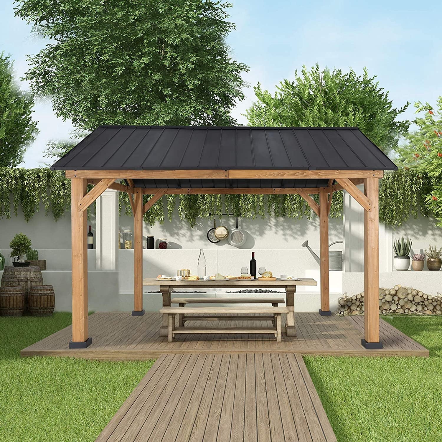 13'x 11' Solid Wood Patio Gazebo with Black Steel Gable Hardtop Roof P4664
