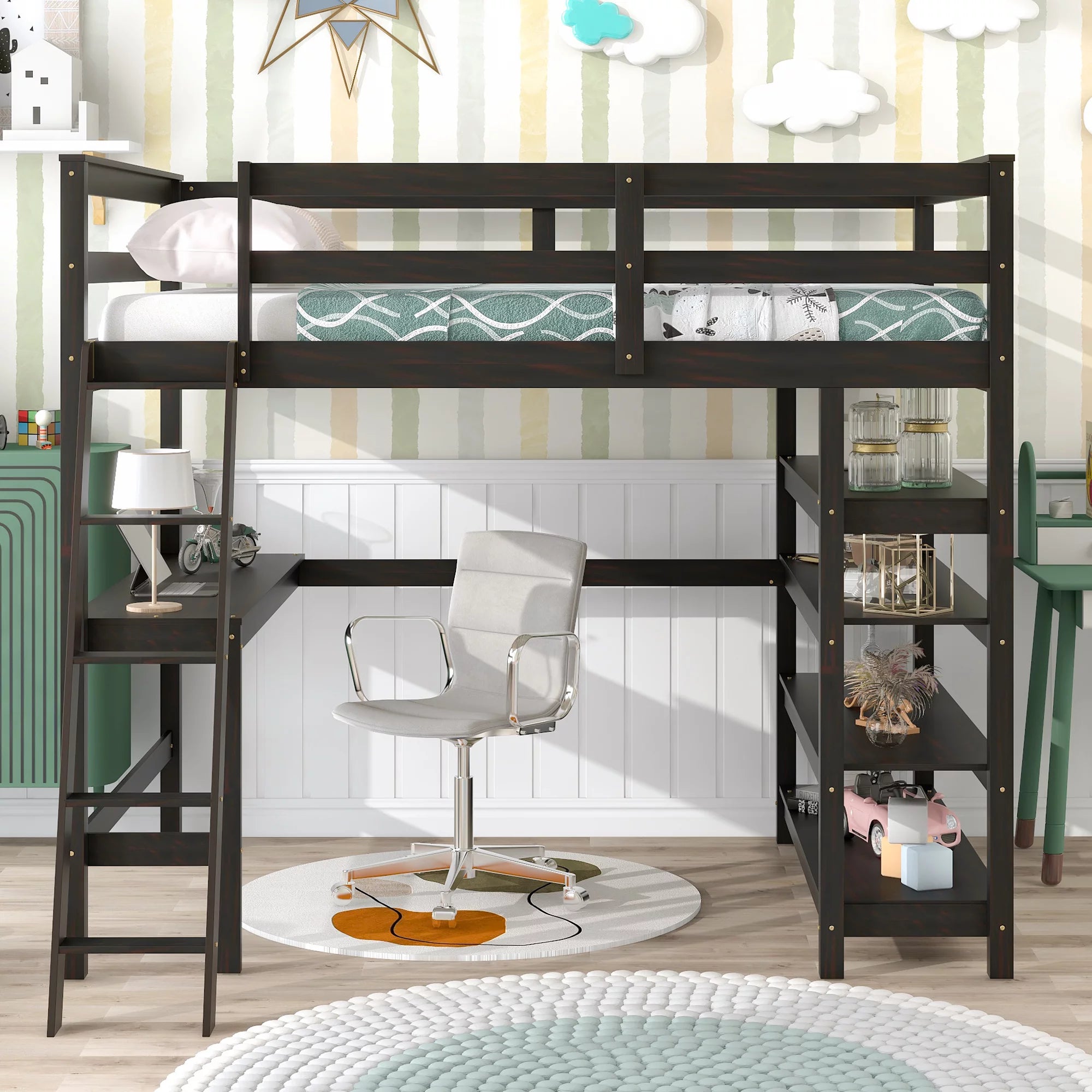 Full Size Wooden Loft Bed with Desk and Storage Shelves H747