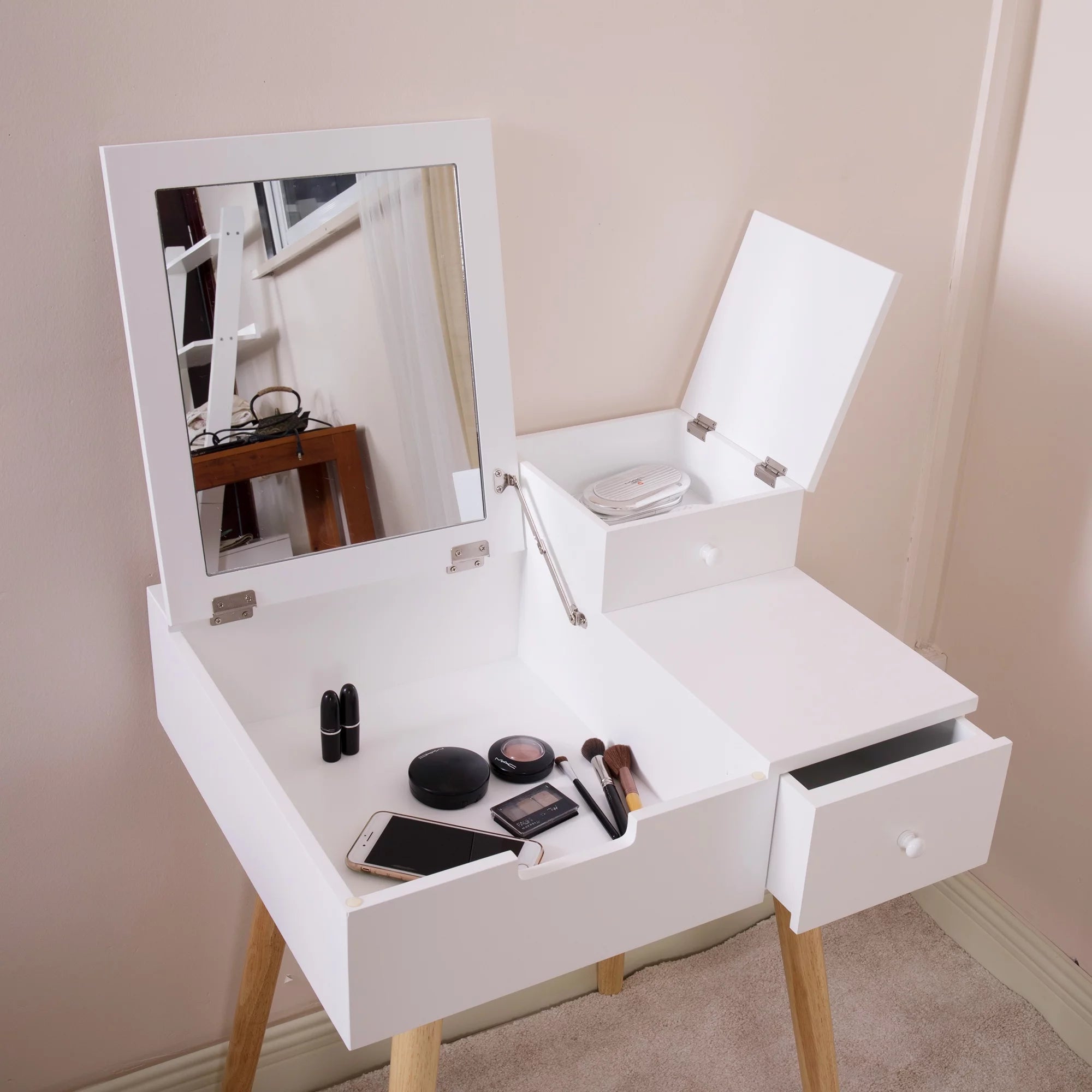 White Wooden Vanity Desk with Flip-top Mirror L457