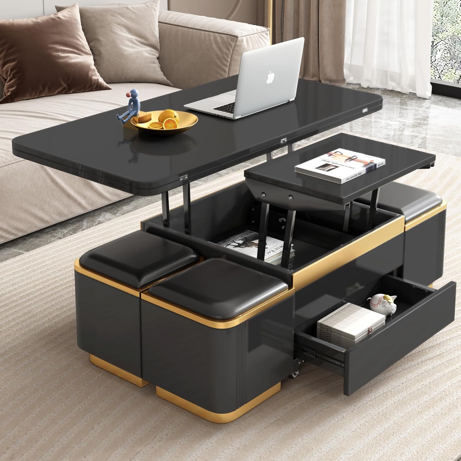 Black Lift Top Coffee Table with 4 Storage Stools M984146