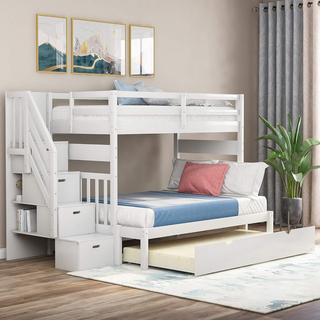 White Solid Wood Twin Over Twin/Full Bunk Bed with Twin Size Trundle and Drawers W878