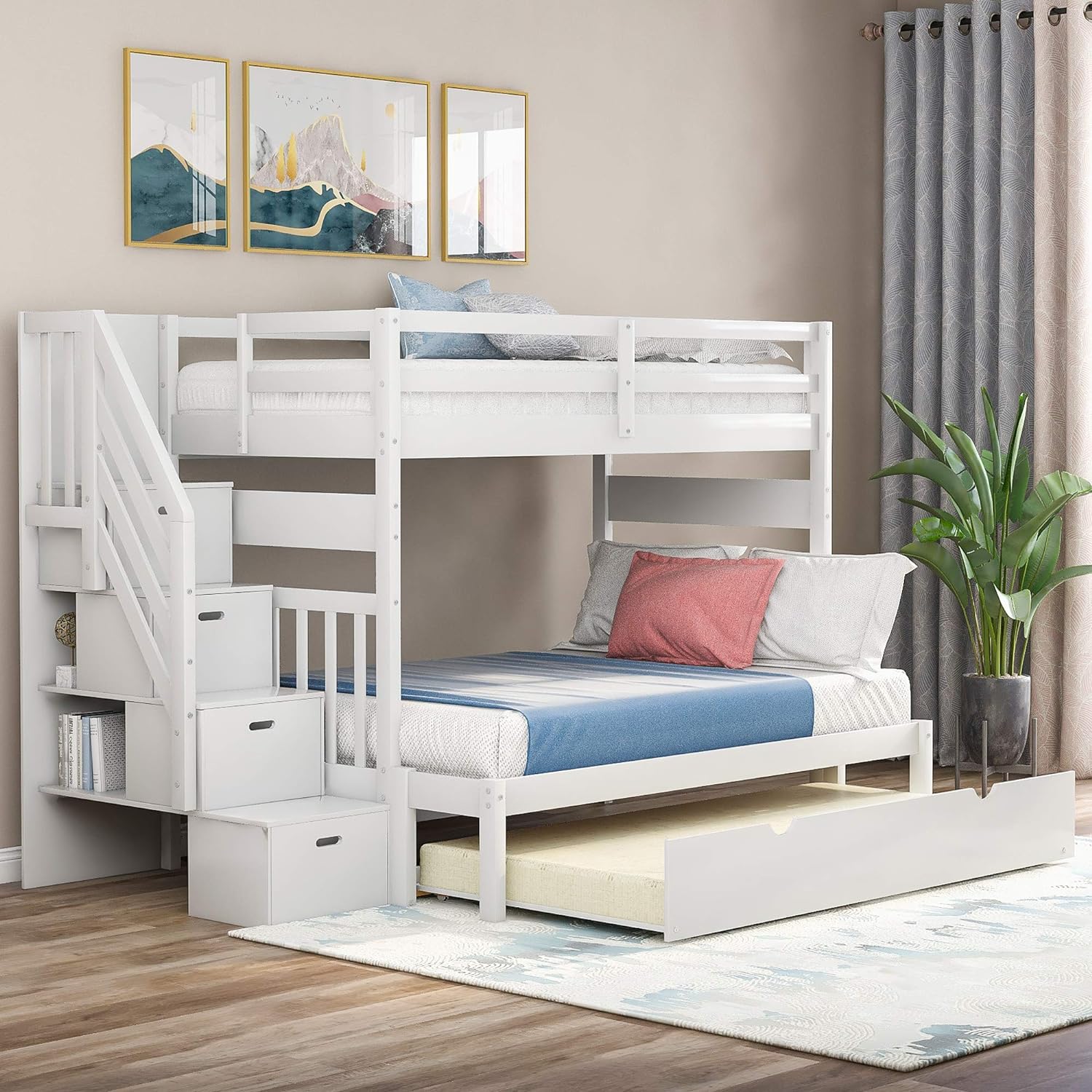 White Solid Wood Twin Over Twin/Full Bunk Bed with Twin Size Trundle and Drawers W878