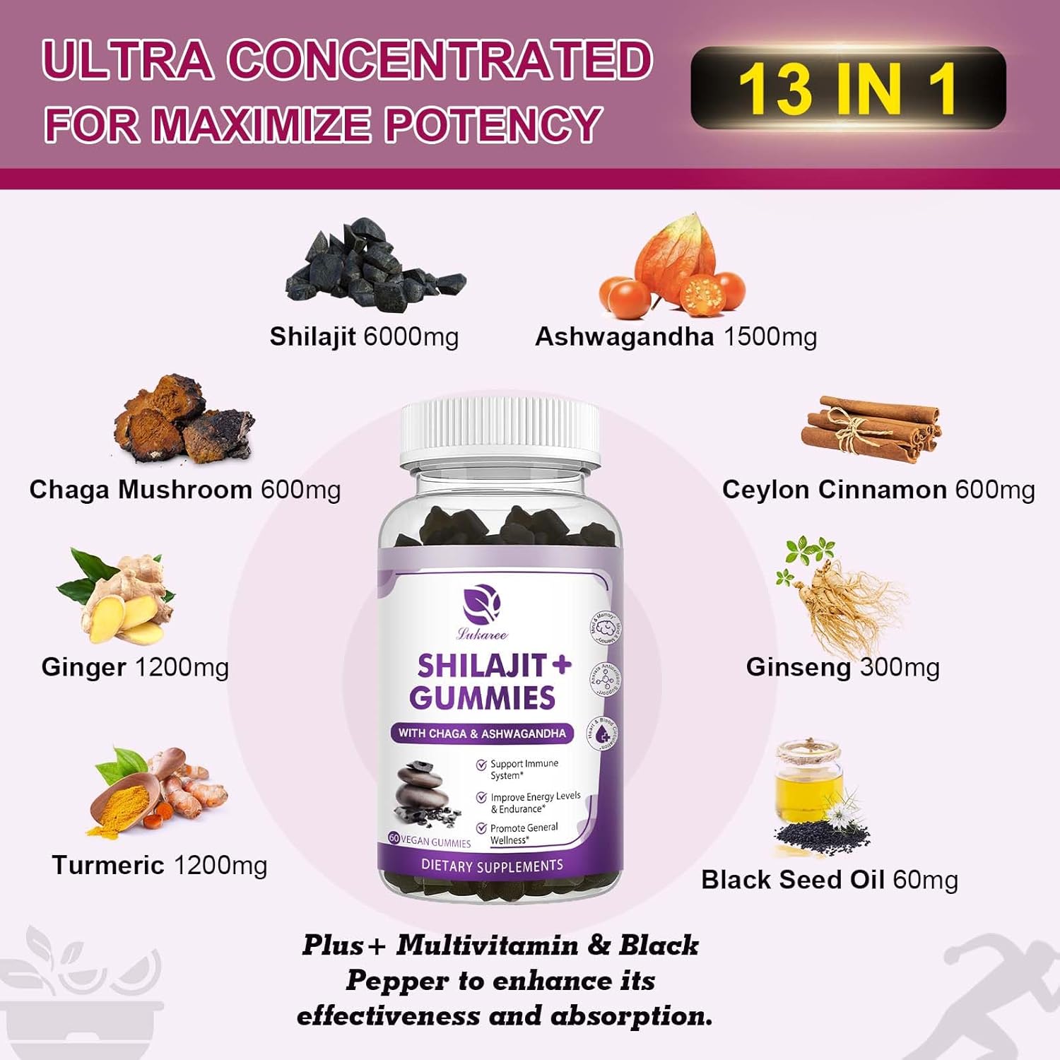 (2 Pack) Shilajit Gummies with Ashwagandha, Black Seed Oil, Vitamin C D3 B12 & Zinc, Sugar Free E4814