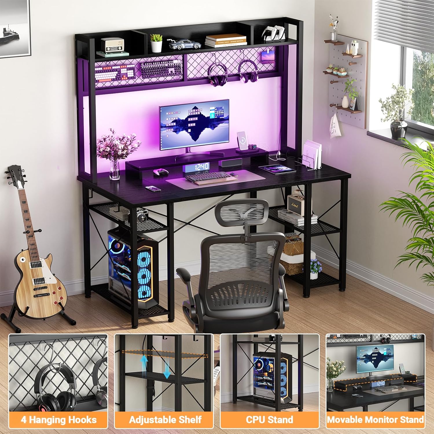 Black 47 Inch Gaming Desk with Hutch and LED Lights N821