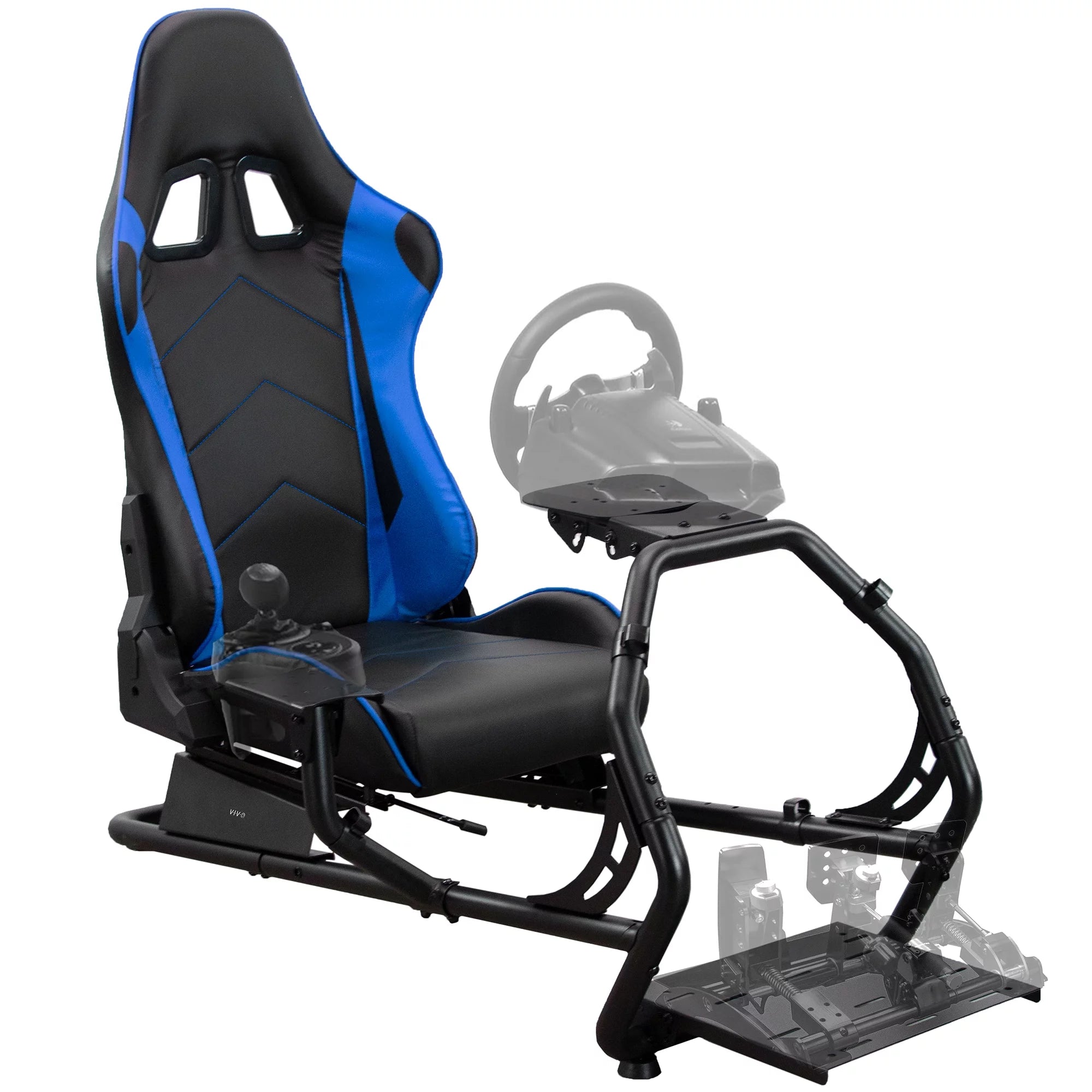 Black Blue Racing Simulator Cockpit with Wheel Stand and Reclining Seat I182923