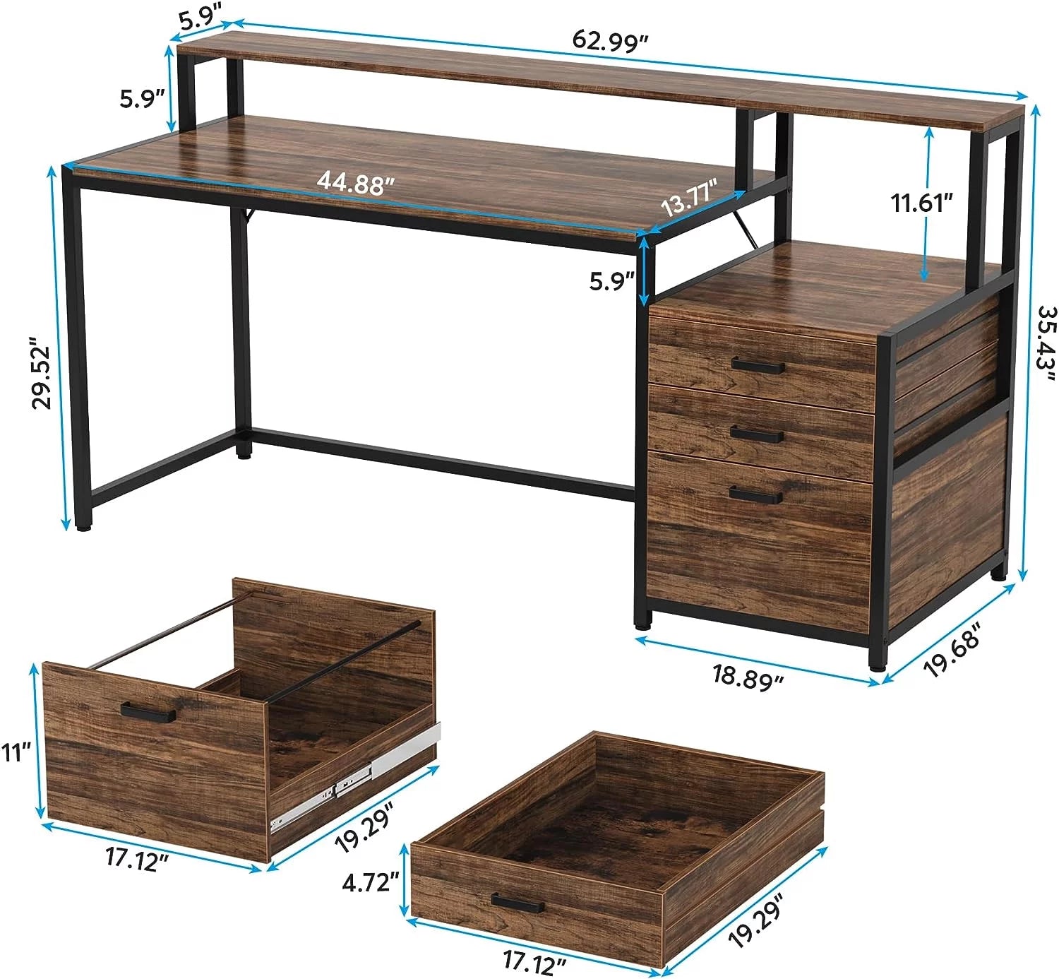 63 Inch Computer Desk with Monitor Stand and Drawers File Cabinet T19250