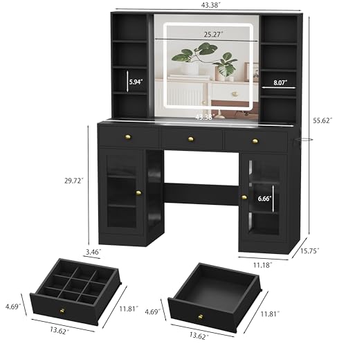 White Glass Top Vanity Desk with Mirror and Lights and 3 Drawers Q344870