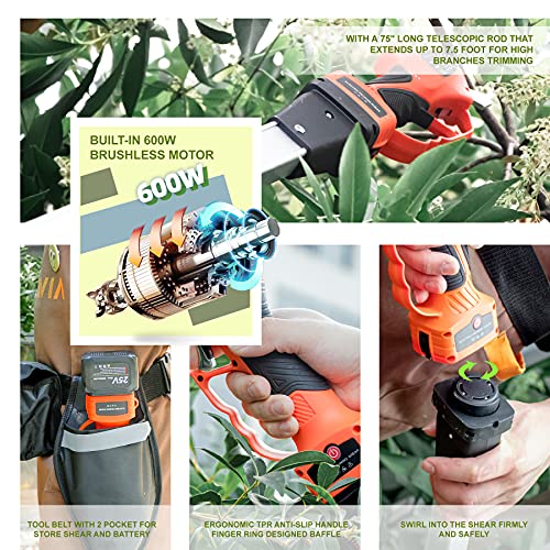 Cordless Electric Pruner Kit, 1.6 Inch Pruning Shears, 5 Inch Handheld Electric Chain Saw with 75 Inch Foldable Extension Pole, 2 Pack 25V Lithium Batteries, SK5 Blades B14523