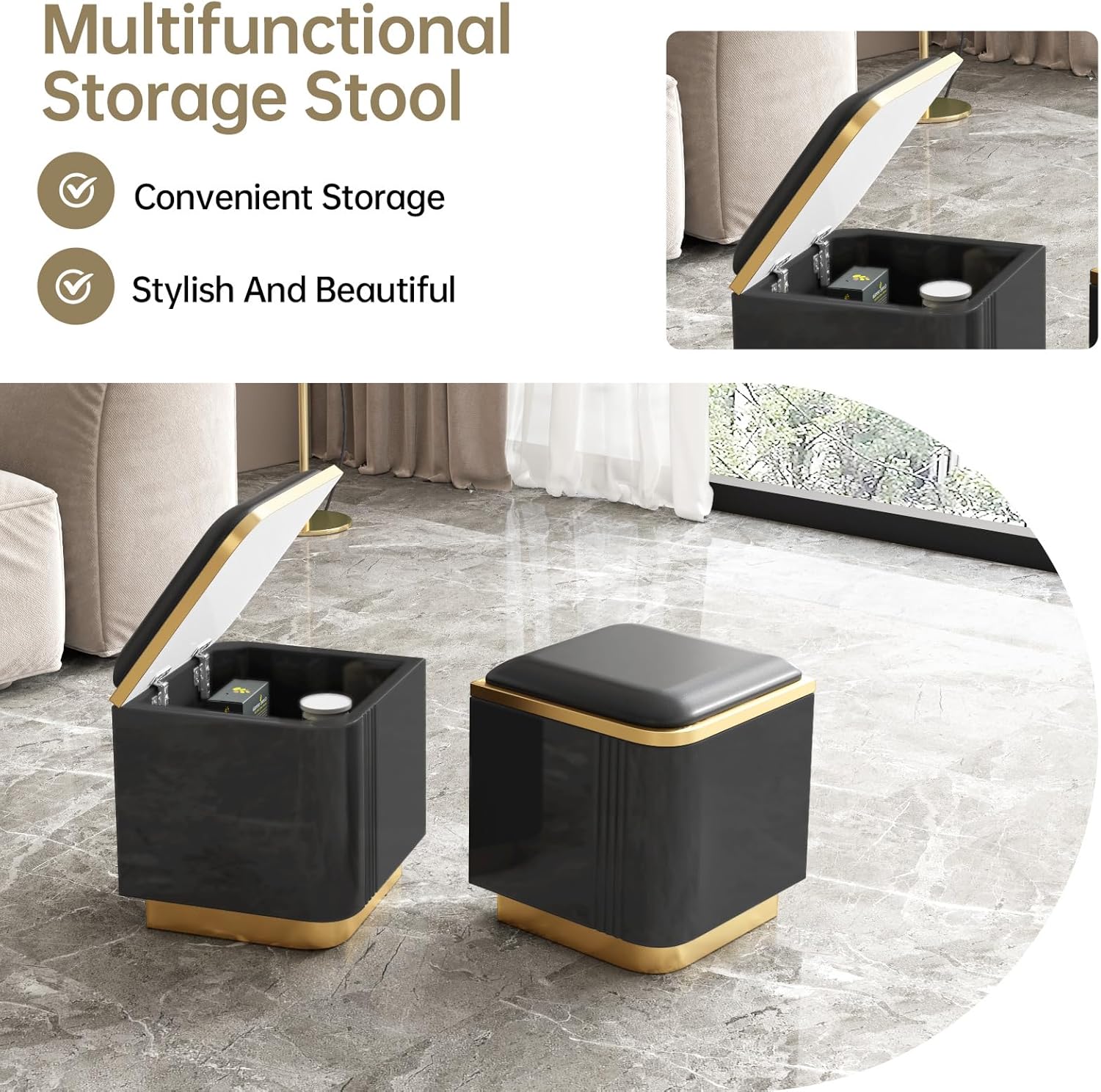 Black Lift Top Coffee Table with 4 Storage Stools M984146