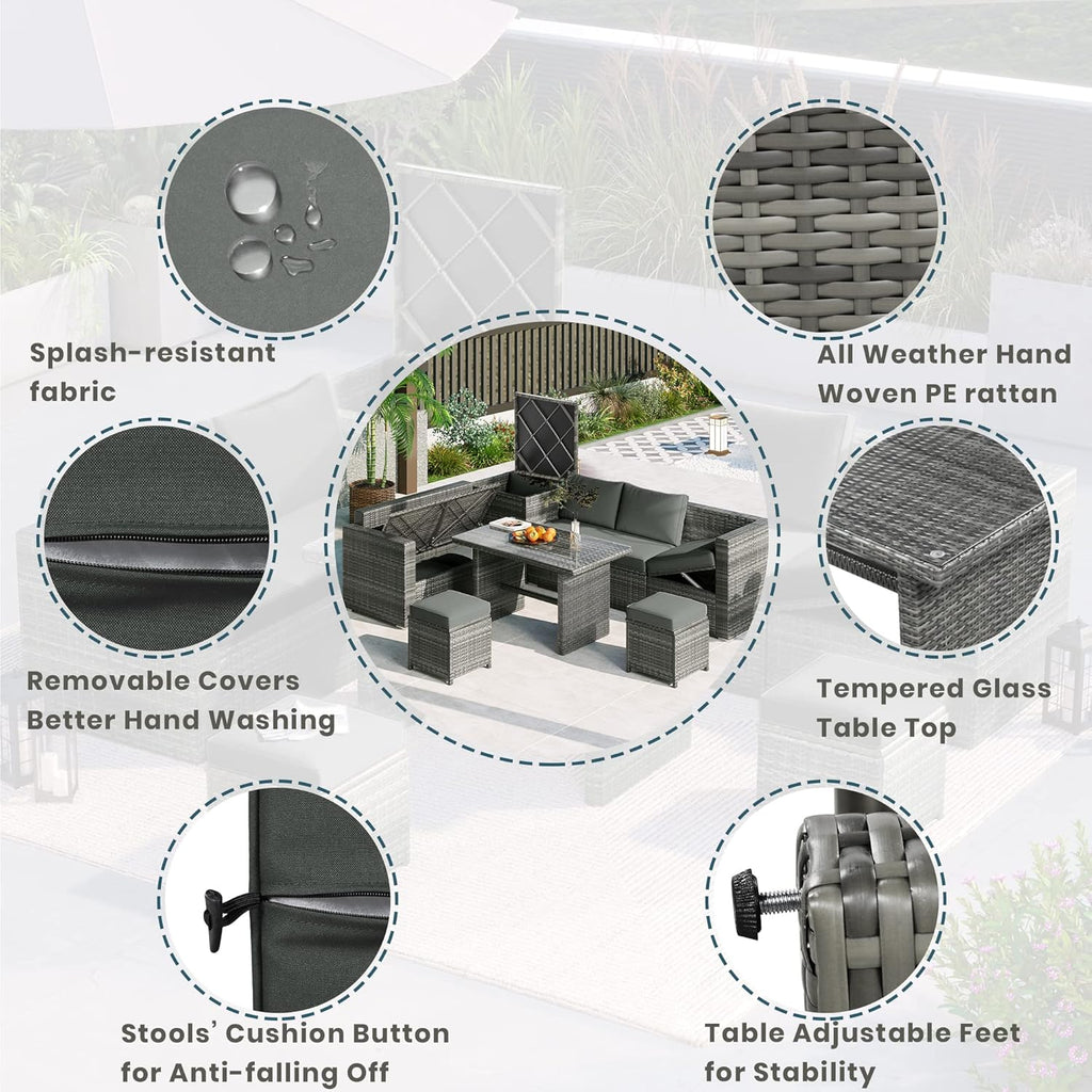 Grey 6-Piece PE Rattan Sofa Set with Tempered Glass Top Table S942