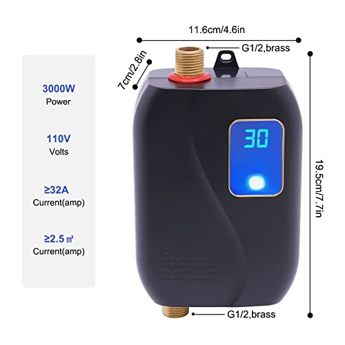 Small Electric Tankless Water Heater 110v 3000w On-Demand Instant Hot Water Heater 4.6x2.8x6.3in IPX4 Waterproof R602