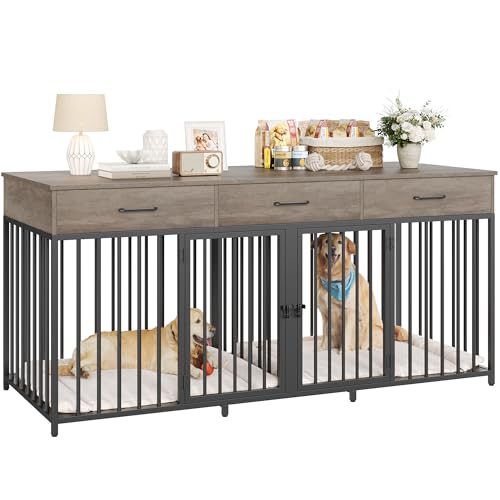 White 71" Wide Double Dog Crate with 3 Drawers C6134
