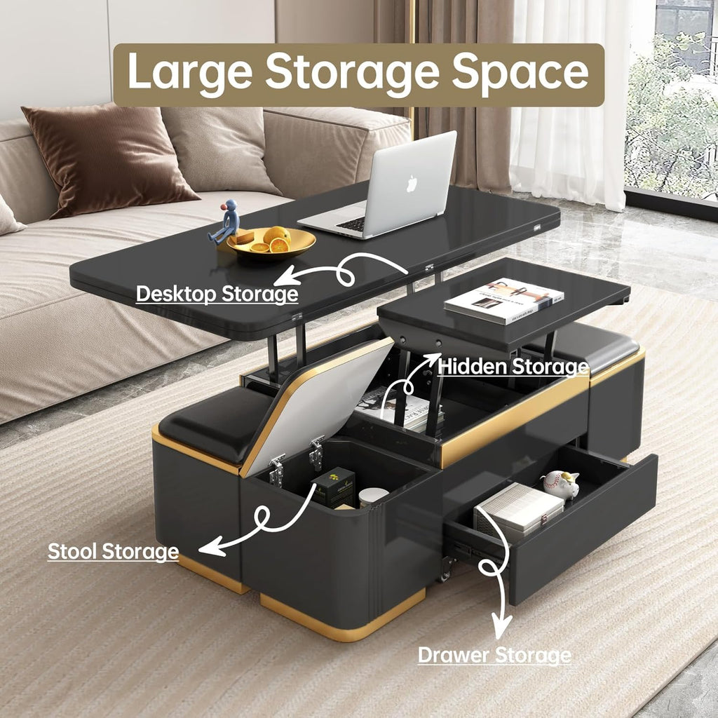 Black Lift Top Coffee Table with 4 Storage Stools M984146