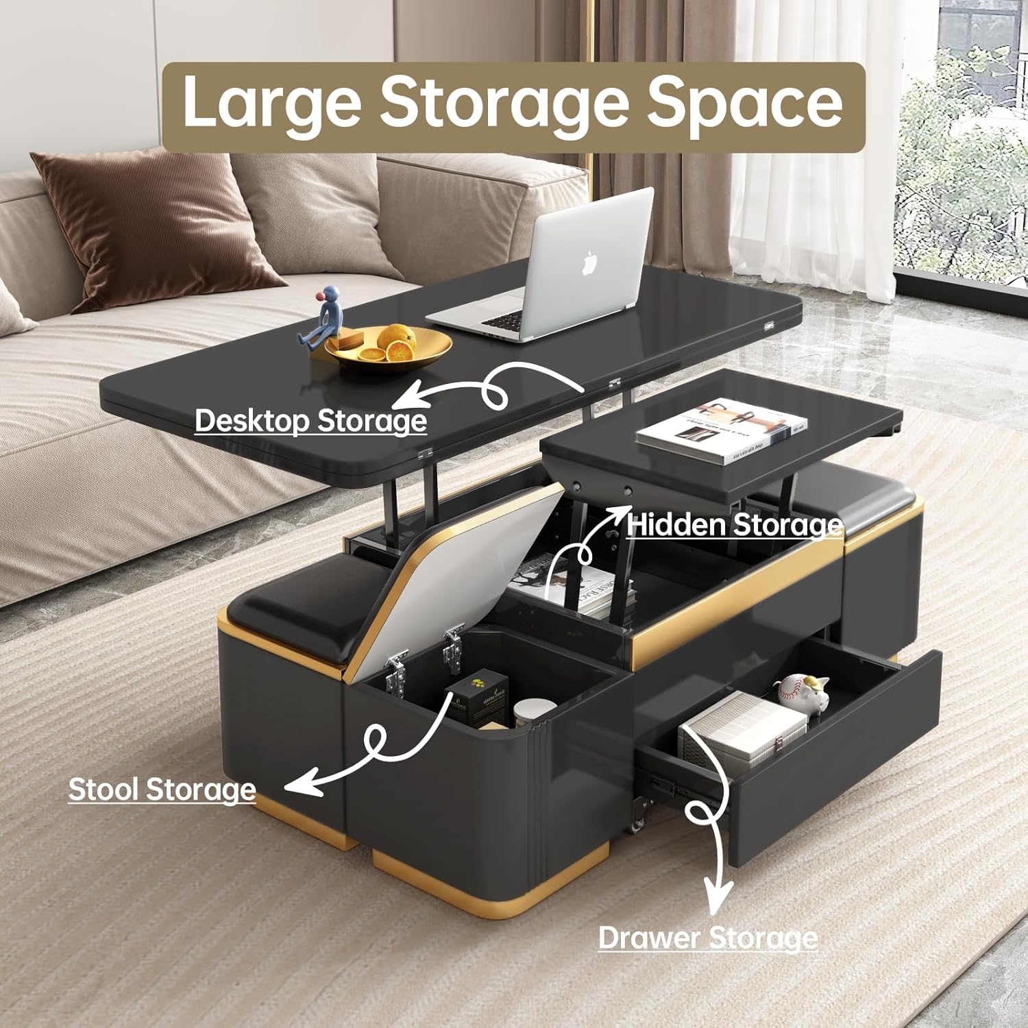Black Lift Top Coffee Table with 4 Storage Stools M984146