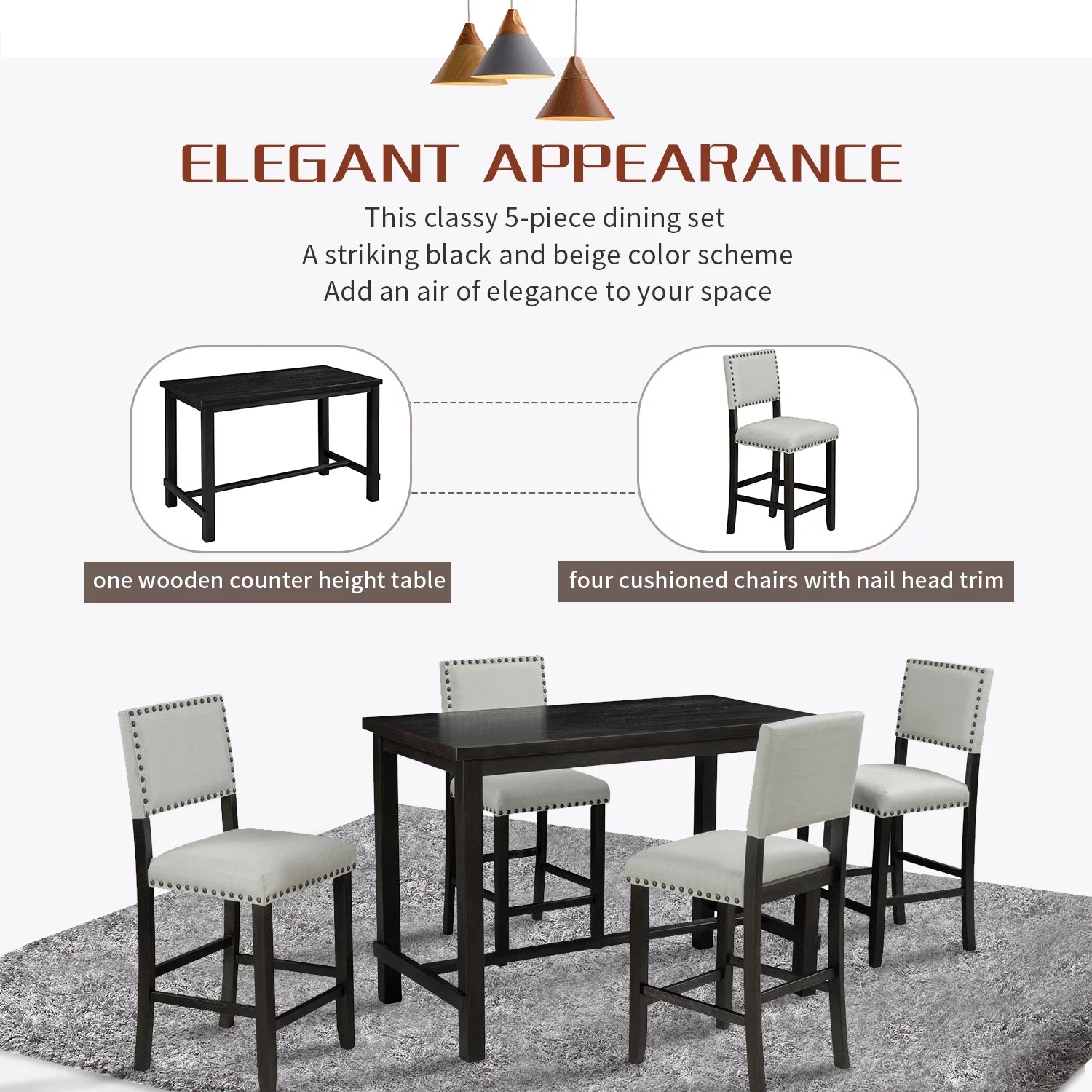 5 Piece Counter Height Dining Table Set with 4 Cushioned Chairs M6855