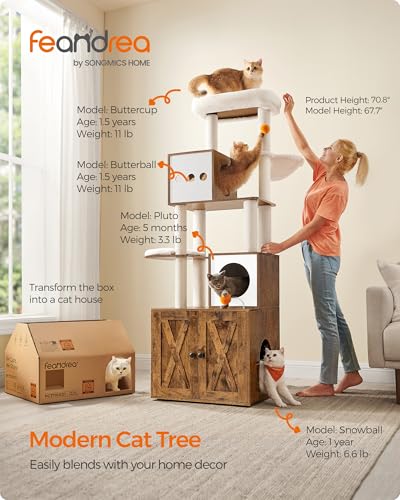 70.8-Inch Tall Cat Tree with Litter Box Enclosure, Scratching Posts, Perch, Caves, Basket, Washable Cushions Y15795
