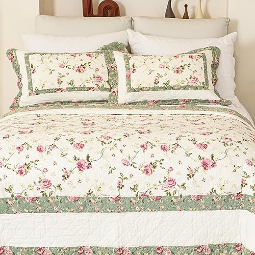 Pink Rose Floral Patchwork Cotton Queen Size Quilted Comforter Set 3-Piece Y320