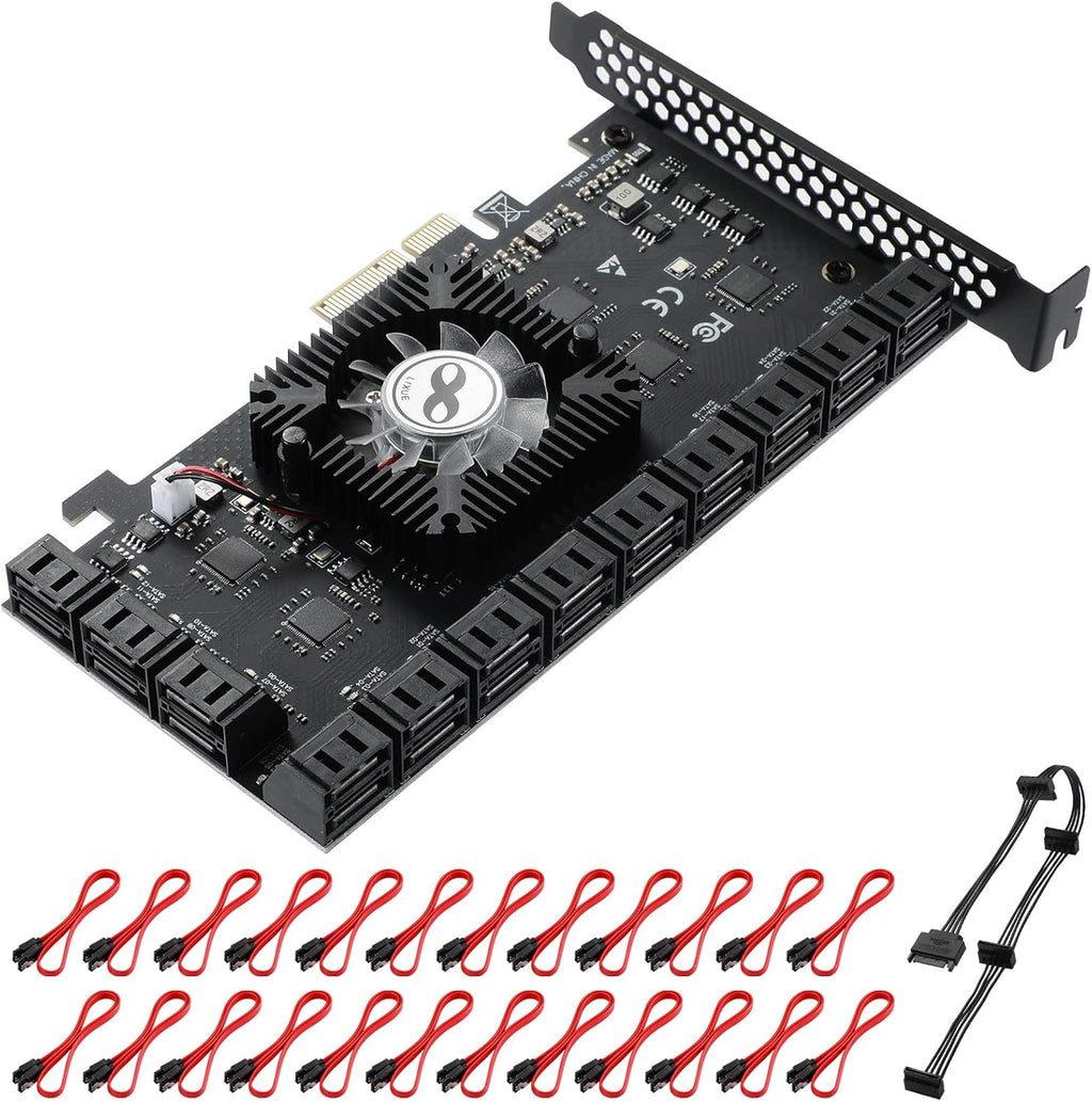 16 Port SATA PCle Expansion Card with 16 SATA Cables and Bracket V7052