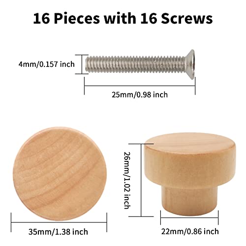 16PCS Unfinished Wood Dresser Knobs, Mushroom Wooden Cabinet Knobs, Round Wood Drawer Knobs Pulls Handle (Diameter: 1.3", Height: 1") K64461
