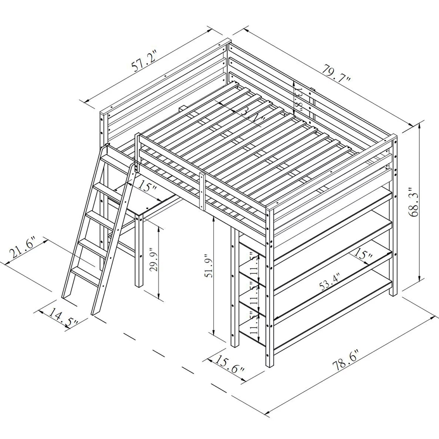 Full Size Wooden Loft Bed with Desk and Storage Shelves H747
