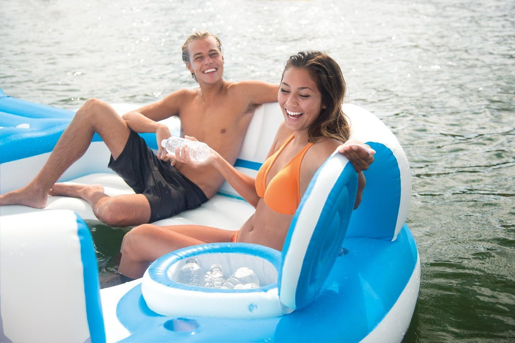 Blue 4 Person Vinyl Pool Raft Lounger with Cup Holders R338