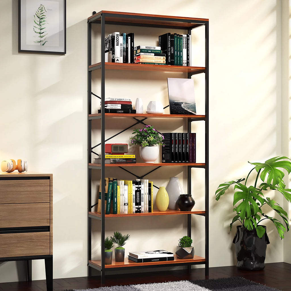 5 Shelf Rustic Wood and Metal Bookcase Y881