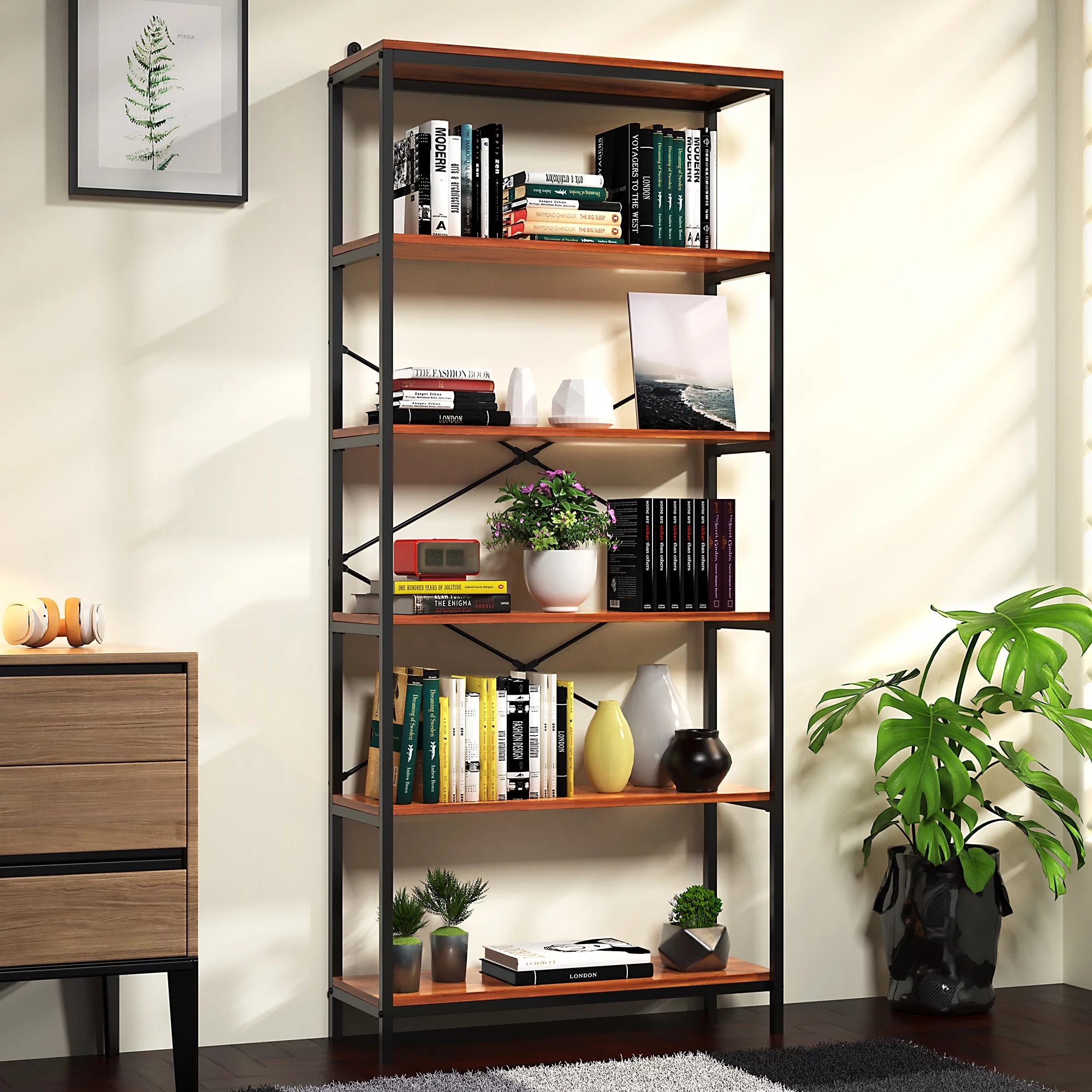 5 Shelf Rustic Wood and Metal Bookcase Y881