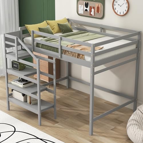 Full Size Gray Wooden Loft Bed with Staircase and Storage Wardrobe H54327