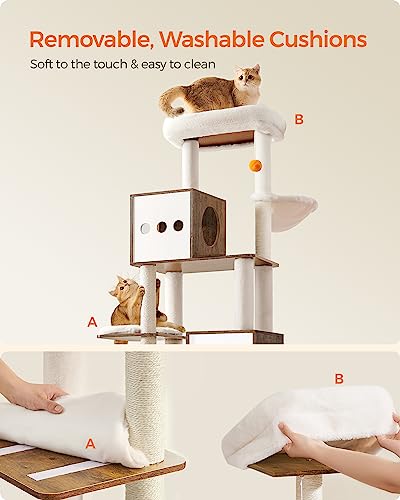 70.8-Inch Tall Cat Tree with Litter Box Enclosure, Scratching Posts, Perch, Caves, Basket, Washable Cushions Y15795