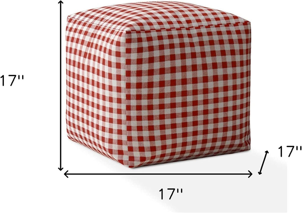 Red and White Cotton Gingham Pouf Ottoman S6505