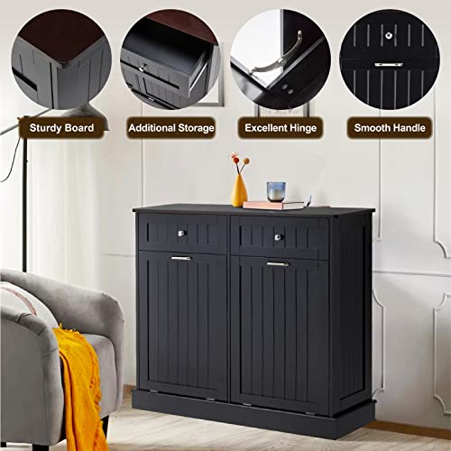White Wooden Tilt Out Trash Cabinet with Hideaway Drawer and Bamboo Cutting Board I6674