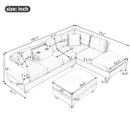Modern L Shaped Polyester Sectional Sofa with Storage Ottoman Z623
