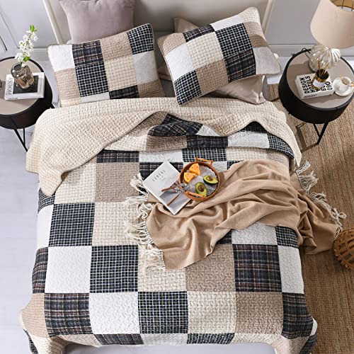 100% Cotton Grey Patchwork Plaid Queen Size 3 Pieces Quilt Bedding Set J3203